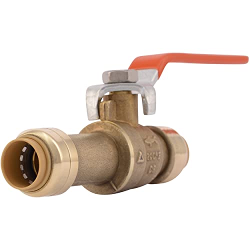 Brass ball valve with 1/2 inch push-to-connect slip fittings and orange lever handle.