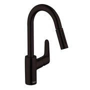 Matte black kitchen faucet with arched spout and pull-down spray head.