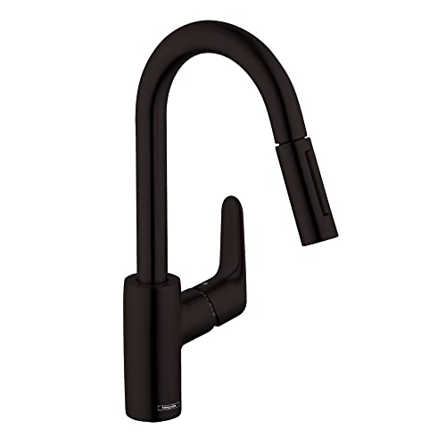 Matte black kitchen faucet with arched spout and pull-down spray head.