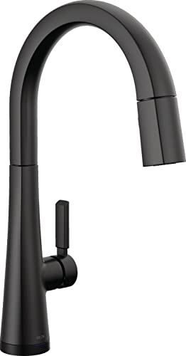 Black single-handle kitchen faucet with curved pull-down spout and touch-activated technology.