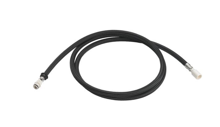 Black braided hose assembly with connector fittings on both ends.