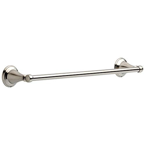 Chrome towel bar with round wall-mounted flanges on each end and cylindrical rod in center.