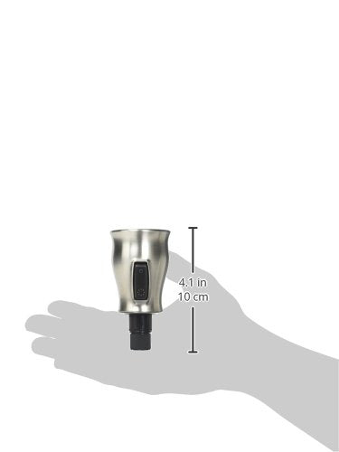 Stainless steel pull-down spray head with black trigger grip and measurement scale, shown in palm of hand for size reference.