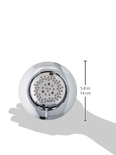 Chrome round body spray with multiple spray holes, 5.8 inches in diameter, shown with size reference on hand silhouette.
