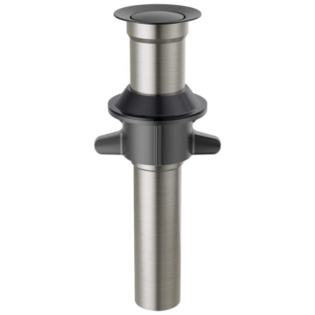 Metal push pop drain with matte black top and stainless steel body, featuring side lever controls and cylindrical stem.