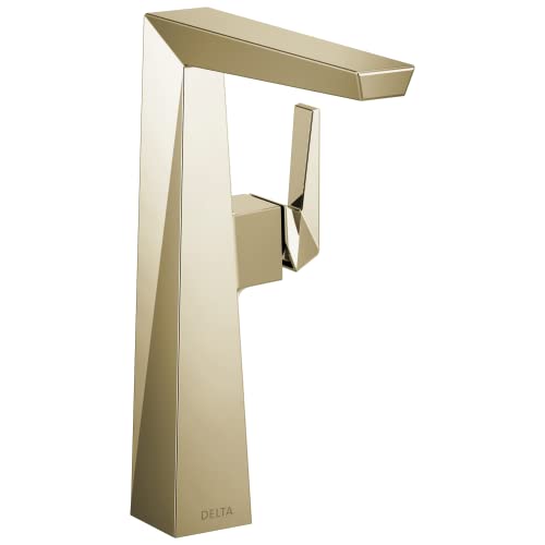 Champagne bronze single handle vessel faucet with tall tapered body and angular spout.