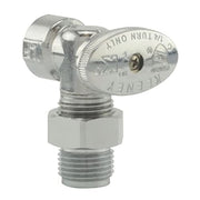 Chrome straight shutoff valve with white connector base and control dial.