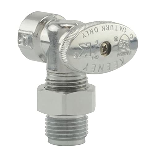 Chrome straight shutoff valve with white connector base and control dial.