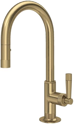 Antique gold pull-down kitchen faucet with curved spout and single handle lever control.