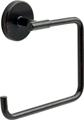 Black metal towel ring with circular wall mount and rectangular open loop design.