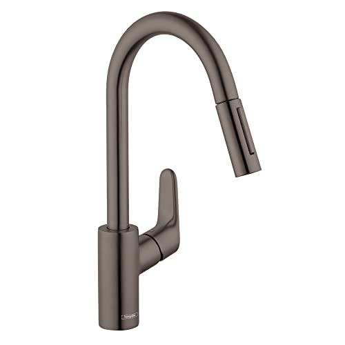 Brushed black chrome kitchen faucet with high arc spout and pull-down spray head.