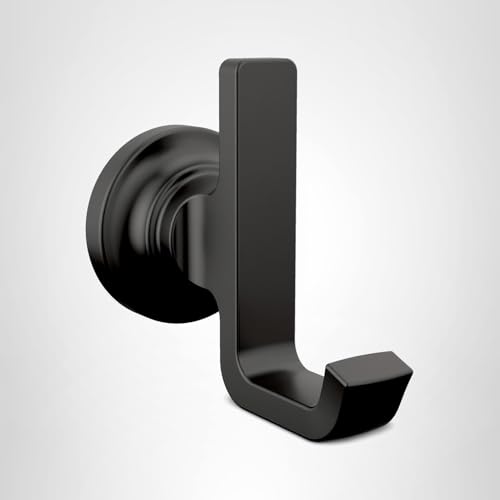 Matte black robe hook with circular backplate and angled hook arm for hanging towels or robes.