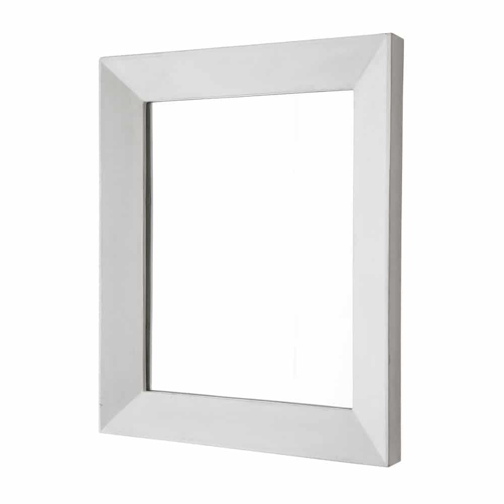 Pearl-finished rectangular wall mirror with beveled wooden frame.