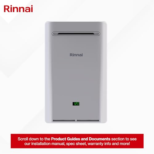 Silver rectangular Rinnai tankless water heater unit with digital display panel and brand name on front.