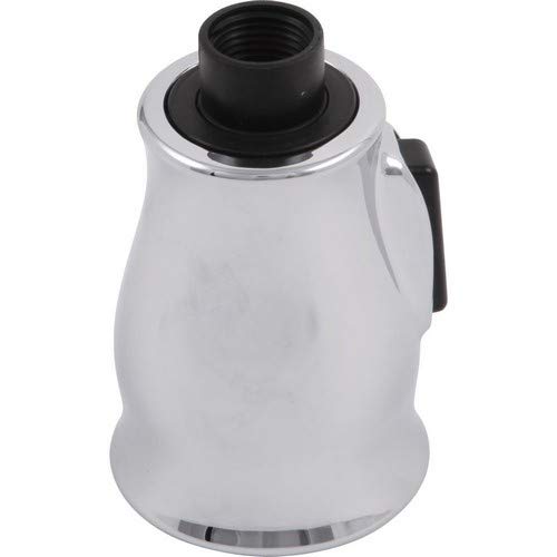 Chrome and black pull-down kitchen faucet spray head assembly with threaded connection port.