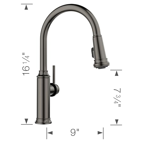 Satin dark steel pull-down kitchen faucet with curved spout and single lever handle, 16 1/4 inches tall.