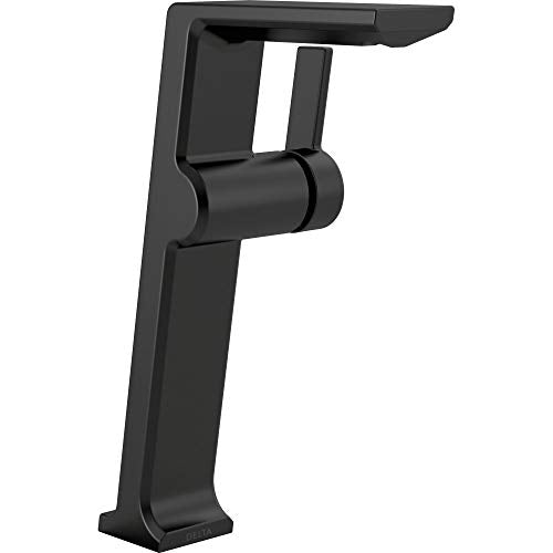 Black single-handle vessel bathroom faucet with tall rectangular body and cylindrical handle.