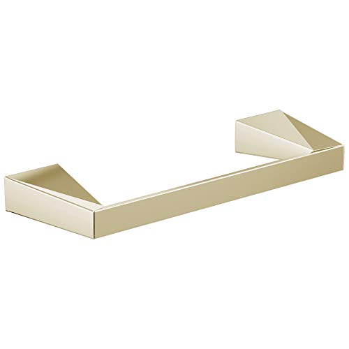 Champagne brass towel bar with angular end caps and horizontal mounting hardware.