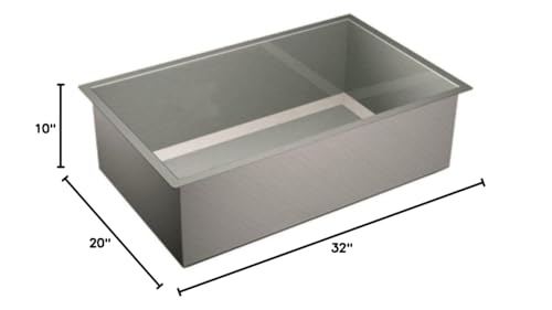 Stainless steel undermount kitchen sink with single bowl and divider, measuring 32 by 20 inches.