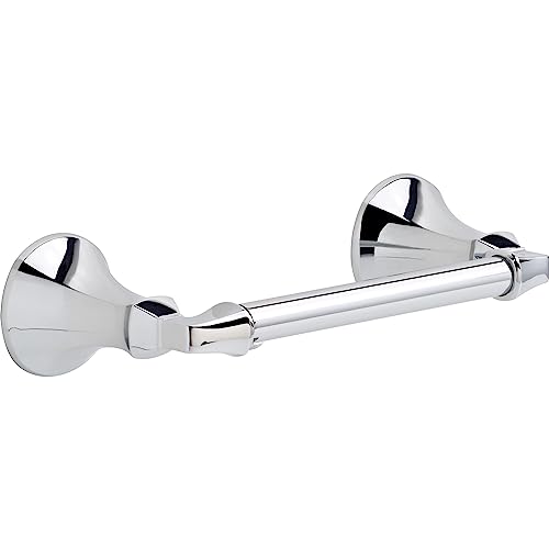 Chrome tissue holder with circular wall mounts and horizontal bar, featuring angled end caps.