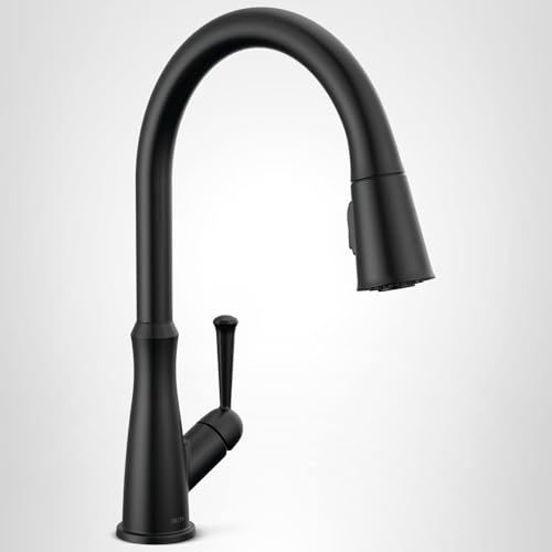 Black single-handle kitchen faucet with curved gooseneck spout and pull-down spray head.