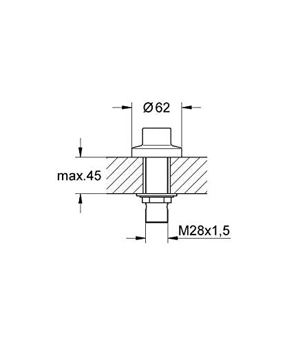 Chrome spray holder with 62mm diameter top mounting surface and M28x1.5 threaded connection, technical schematic showing dime