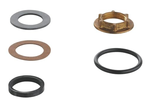 Five ring-shaped metal mounting components in gray, bronze, and black finishes with one brass fixture featuring mounting tabs