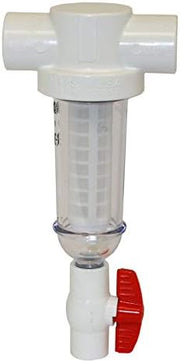 White plastic sediment filter with 1.5-inch threaded connectors, clear cylindrical filter chamber, and red valve lever.