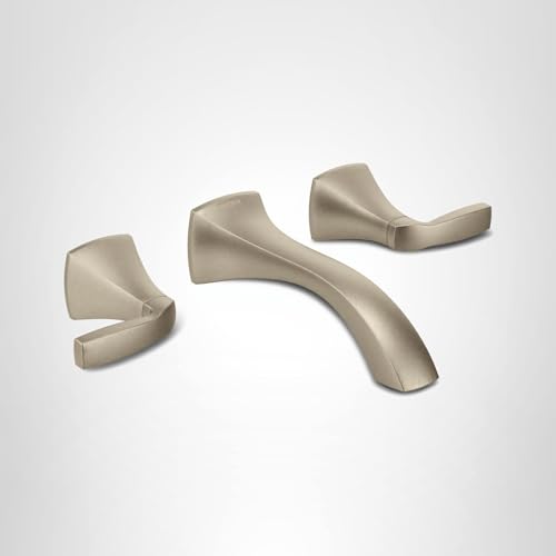 Brushed nickel two-handle bathroom faucet trim kit with curved spout and lever handles.