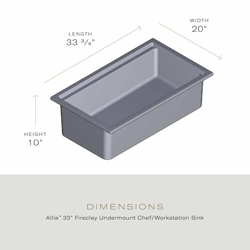 White fireclay undermount chef sink with rectangular basin, 33¾" length, 20" width, 10" height.