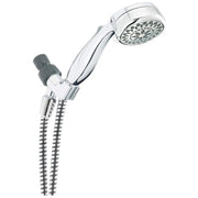 Chrome hand shower with adjustable head connected to coiled metal hose and wall bracket.