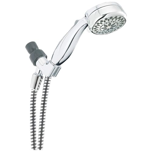 Chrome hand shower with adjustable head connected to coiled metal hose and wall bracket.