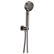 Black matte wall-mount handheld showerhead with multiple spray holes and flexible hose connection.