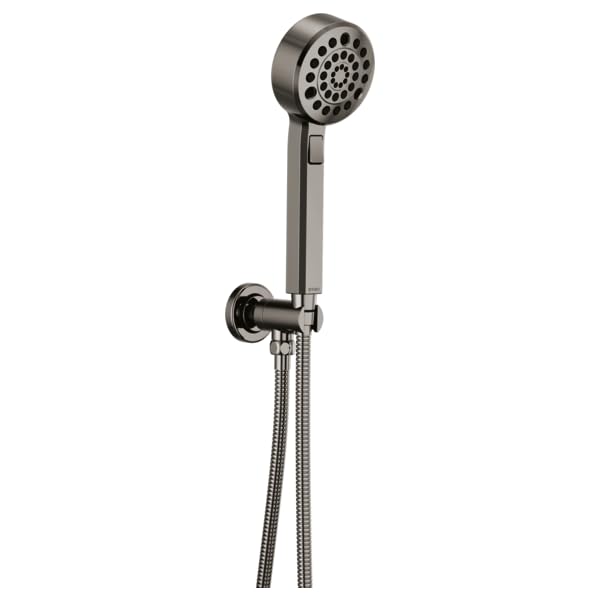 Black matte wall-mount handheld showerhead with multiple spray holes and flexible hose connection.