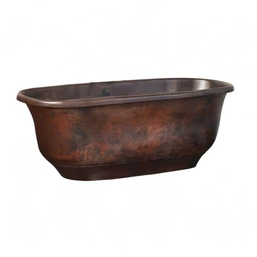 Antique copper bathtub with rolled rim and dark patina finish, oval freestanding shape.