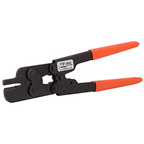 Black and orange plumbing tool with dual handles and crimp ring removal jaws.