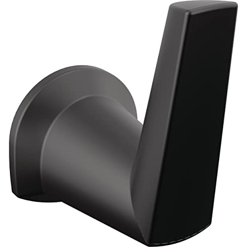 Black matte robe hook with curved cylindrical hook and rectangular backplate for wall mounting.