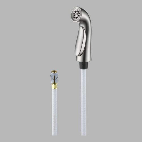 Stainless steel spray assembly with curved handle, circular spray head, white hose, and brass connector fitting.