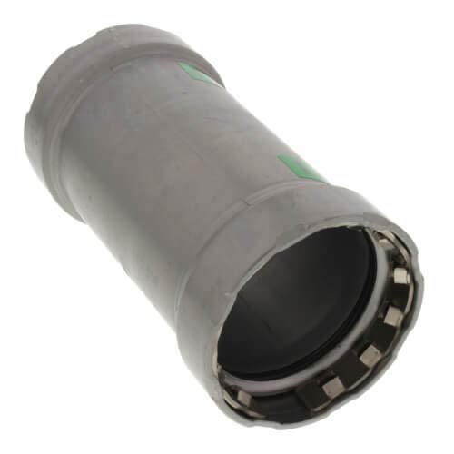Viega MegaPress 1-1/2" press coupling in gray carbon steel with zinc-nickel coating and metal press ring.
