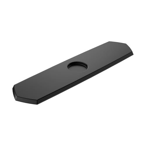 Matte black rectangular base plate with single circular hole for kitchen faucet mounting.