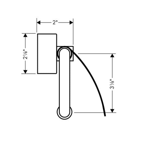 Brushed nickel wall outlet with lever handle and curved spout, technical schematic showing dimensions and mounting plate.