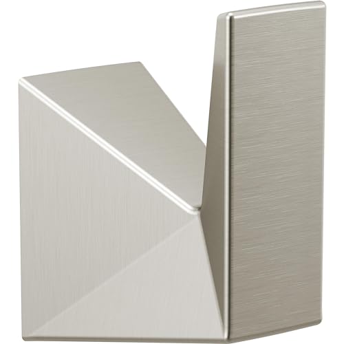 Brushed nickel robe hook with angular geometric design and curved hook arm.