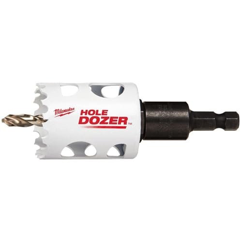 Milwaukee HOLE DOZER bi-metal hole saw with white cylindrical body, black adapter shank, and small drill bit attachment.