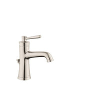 Brushed nickel single-hole bathroom faucet with cylindrical body, curved spout, and lever handle.