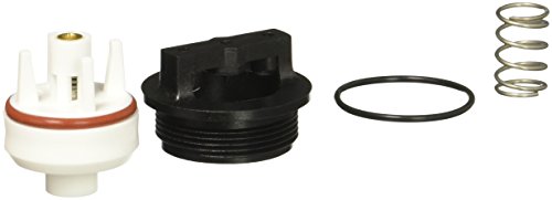 Backflow prevention retrofit kit components including white valve body, black threaded cap, rubber seal ring, and metal sprin