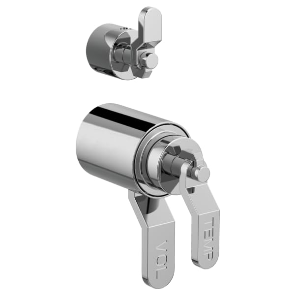 Chrome thermostatic valve with integrated diverter and dual industrial lever handles in polished chrome finish.