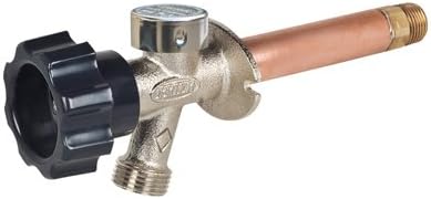 Brass wall hydrant with copper outlet stem, black threaded cap, and metal coupling on inlet end.
