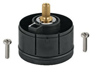 Black plastic cartridge guide with brass stem and mounting hardware for Grohe faucet installation.