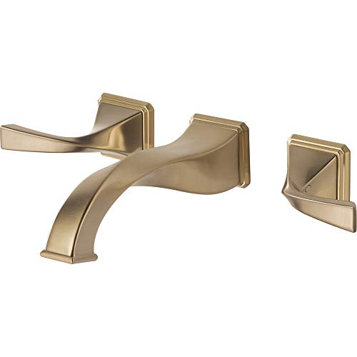 Champagne bronze wall-mounted faucet with curved spout and two lever handles on square backplates.