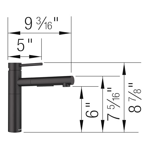 Matte black pull-out kitchen faucet with dimensions labeled, showing 9 3/16" width and various height measurements.